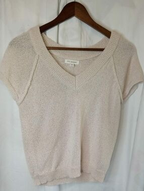 XS Blu Pepper Short Sleeve V-Neck Sweater Oatmeal Coastal Preppy Neutral Office